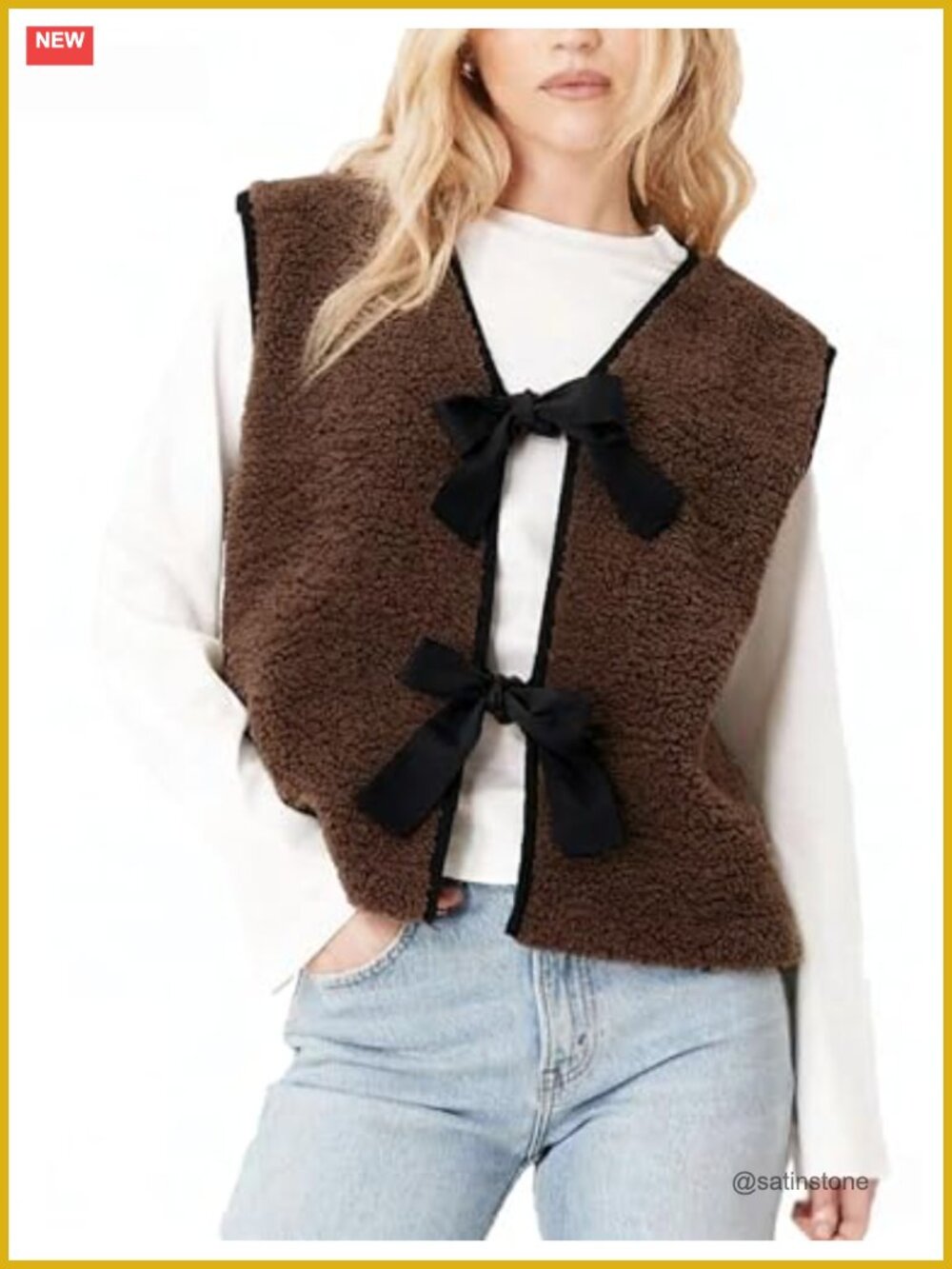 Sherpa Fleece Vest Bow Tie Fuzzy Sleeveless Cardigan Outwear